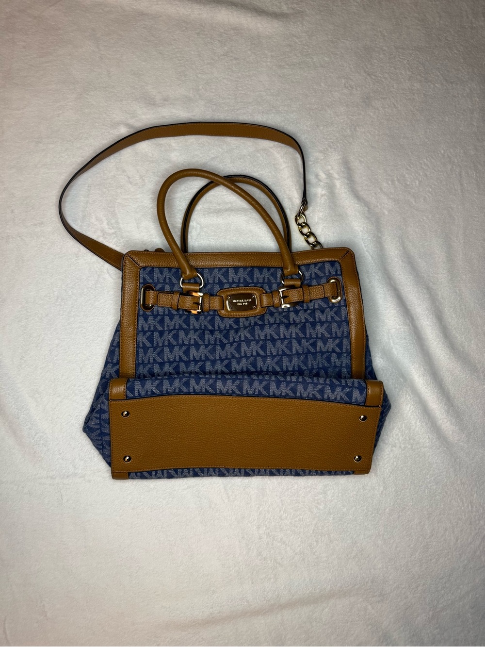 Michael Kors Navy MK Logo Satchel with Tan Trim